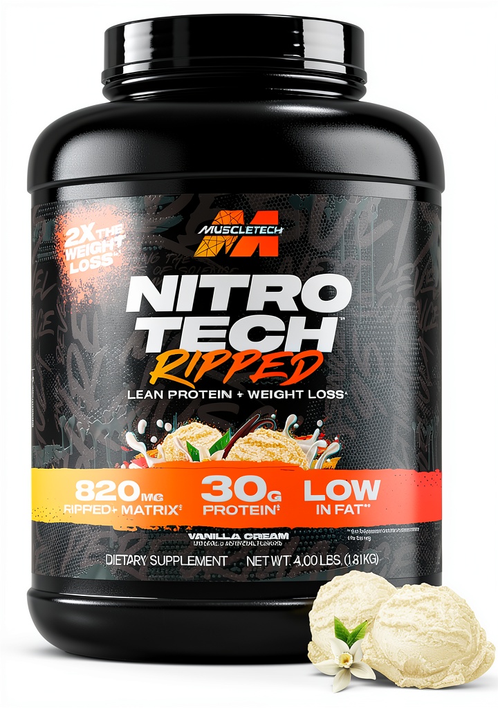 Installing MuscleTech Nitro-Tech Ripped Protein Powder for Lean Muscle on a kitchen counter