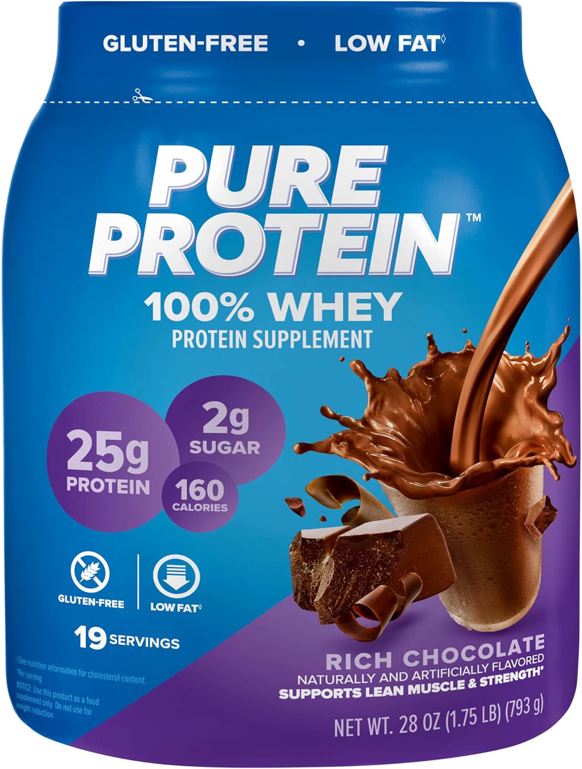 Mixing Pure Protein Whey Powder Rich Chocolate on a gym bench with a shaker bottle