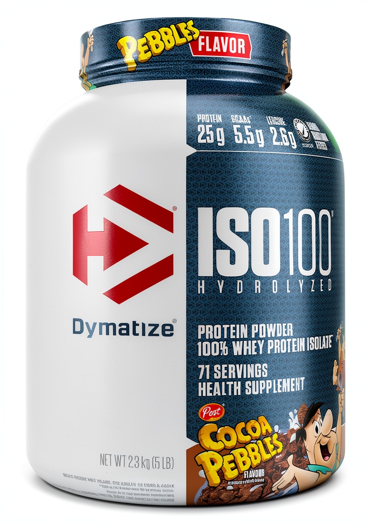 Installing Dymatize ISO100 Whey Protein Powder 25g Protein on a kitchen countertop