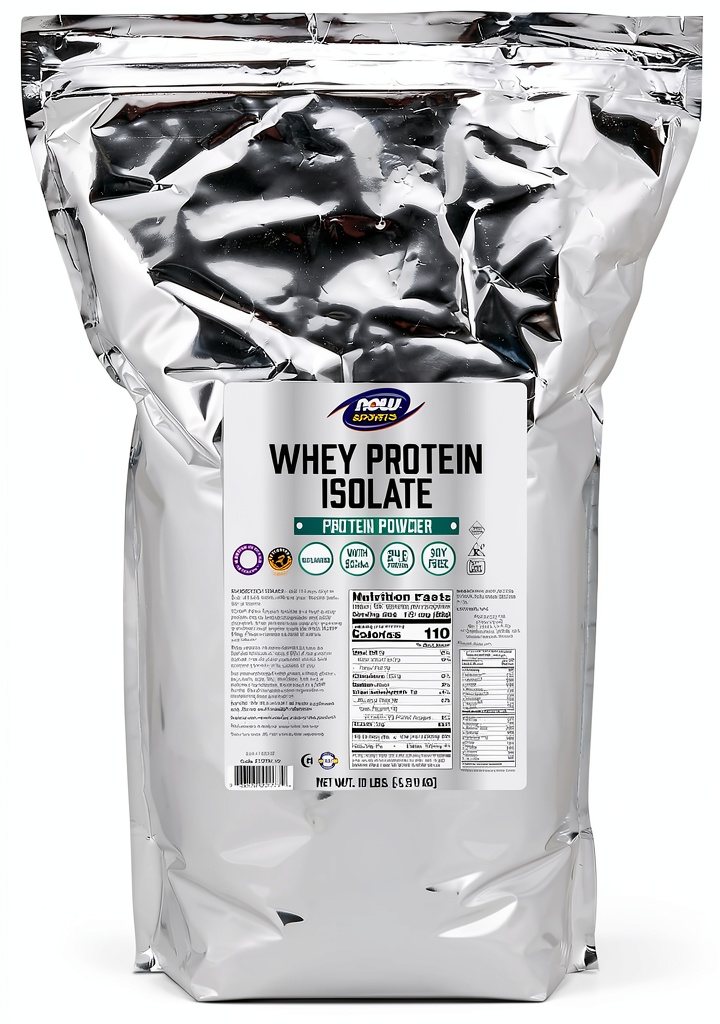 NOW Sports Whey Protein Isolate container with scoop and smoothie