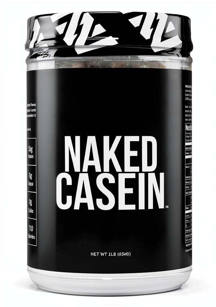 Naked Casein Protein Powder in a shaker bottle with measuring scoop