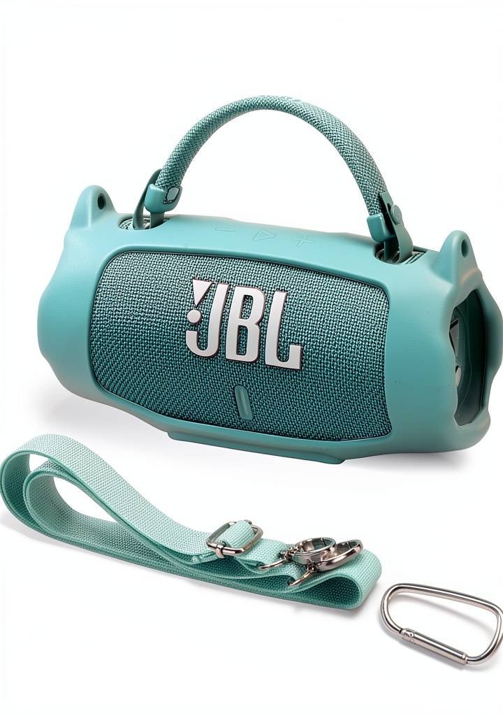 Portable speaker in teal silicone case attached to a backpack